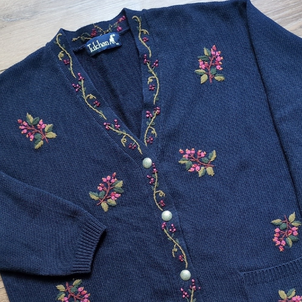 Tulchan Embroidered Floral Knit Cardigan Sweater - 100%‎ Cotton - Navy Blue - XL